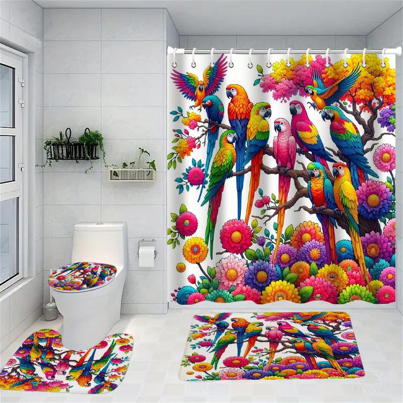 

Animal With Flowers Pattern Shower Curtain Bath Sets Waterproof Non-Slip Bathroom Rug Toilet U With 12 Hooks Home Deco W60H190(CM)-1 Pcs