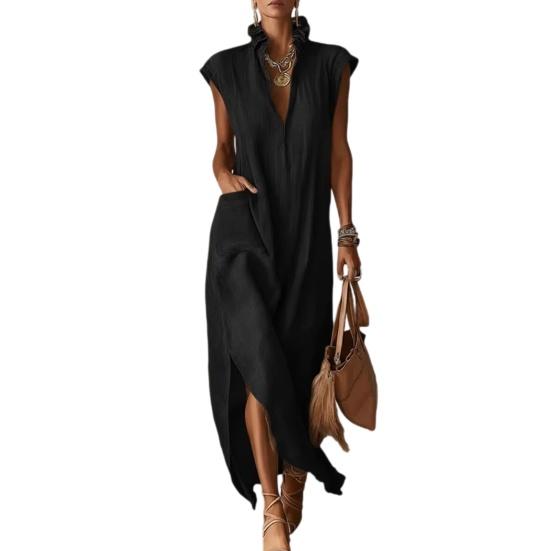 

Women Stand Collar Sleeveless Dress Deep V Neck Side Slit Tunic Dress Casual Vacation Long Dress with Pockets XXXL чёрный