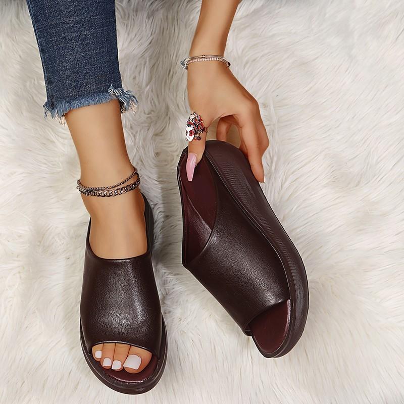 Women Leather Slippers White Ladias Retro Peep Toe Platform Shoes Clogs Slip On Sandals Wedges Sandles Zapatos Shoes
