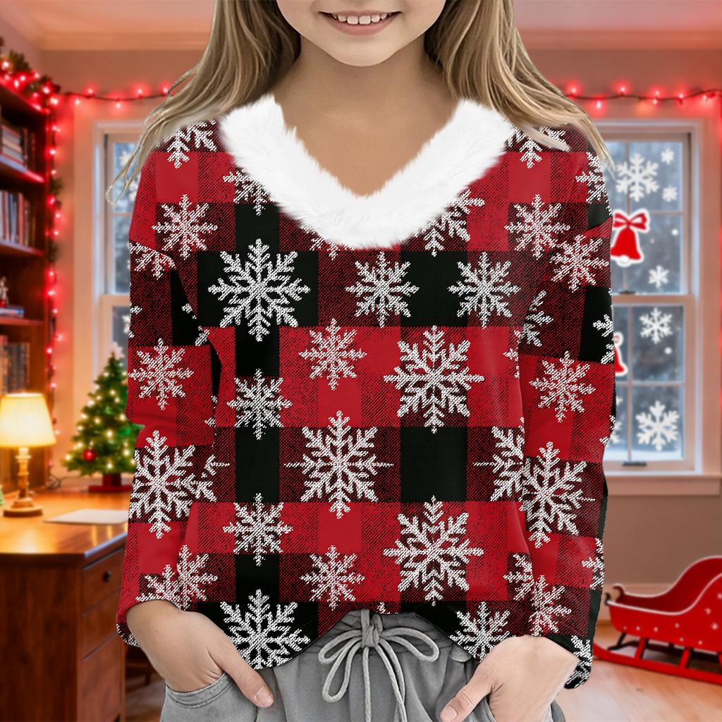 Christmas Day Girls Long Sleeve T Shirts Kids  Girls' V-Neck Tee Christmas Print Long Sleeve Top
