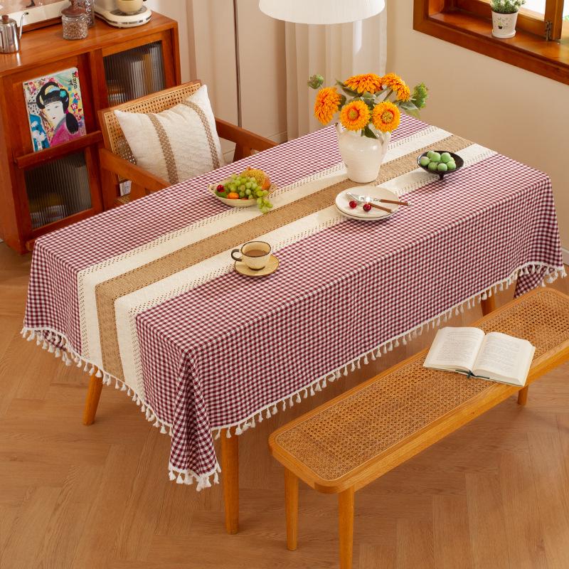 Nordic Classic Patchwork Tablecloth with Tassels - Dustproof Decorative Imitation Cotton Linen