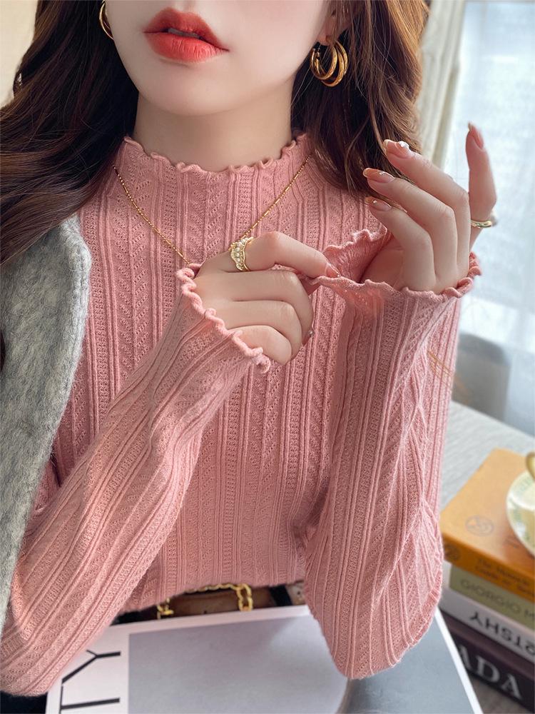 Women's White Half-High Neck Ruffle Trim Knit Sweater - Autumn/Winter 2025 Collection
