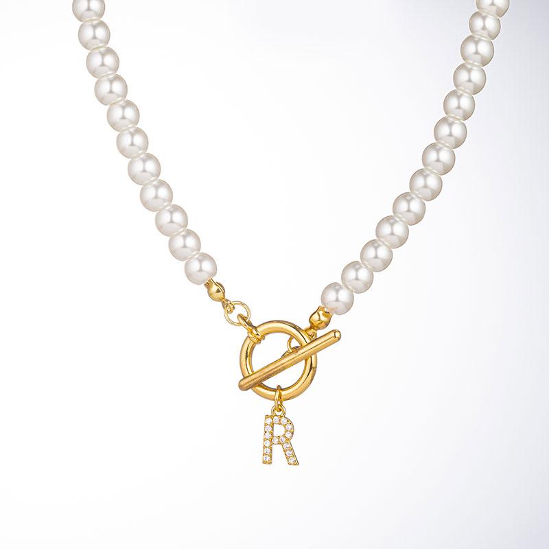 Zircon Crystal Initial A-Z Letter Pendant Necklace for Women Toggle Clasp Imitation Pearls Necklaces Wedding Jewelry Gift