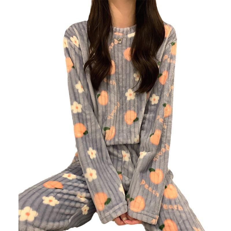 Pijamale din Fleece Coral pentru Femei - Set Cald, Îngroșat din Două Piese pentru Toamnă/Iarnă