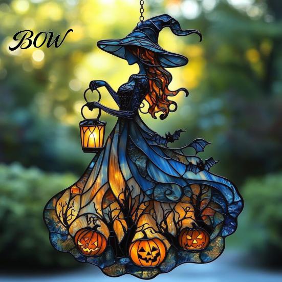 Halloween Party Supplies for Home Witch Acrylic Suncatcher, Stained Glass Effect Window Car Hanging Ornament, Gothic Scary Spooky Decor Ornaments with