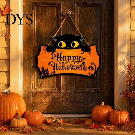 Holiday Home Wall Decorations Halloween Wooden Door Hanging Plaque, Printed Black Cat Pumpkin Castle Spider Web Front Autumn Festival Ornaments Sign,