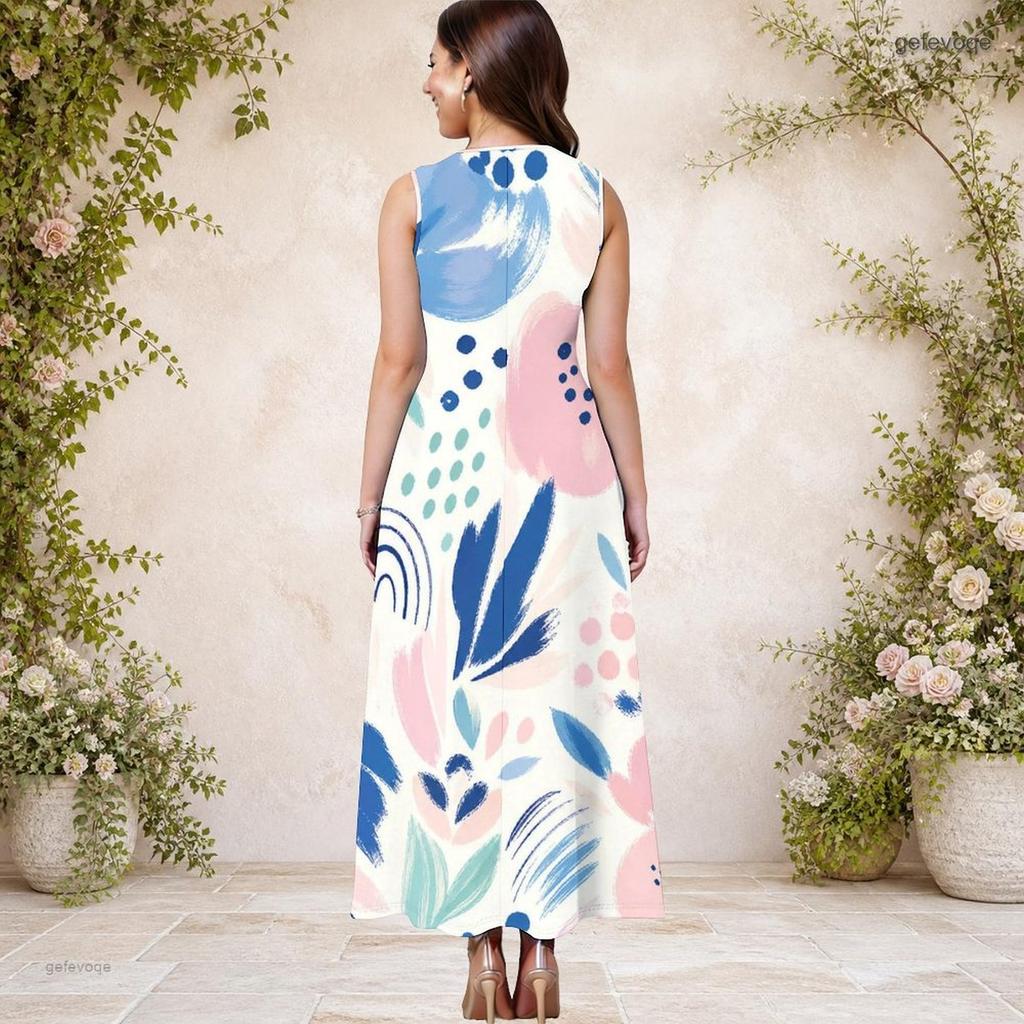 Women Plus Size Round Neck Sleeveless Geometric Printed A Line Maxi Dress With Side Pockets