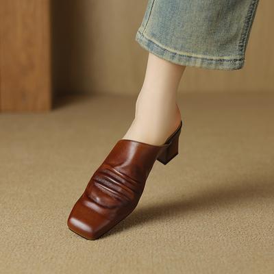 Fashion 2025 Summer New Genuine Leather Retro Semi-drag Mueller Slippers Woman Women's High Heel Square Toe Casual Shoes Women Slippers