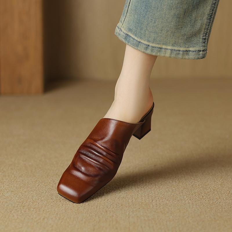 Fashion 2025 Summer New Genuine Leather Retro Semi-drag Mueller Slippers Woman Women's High Heel Square Toe Casual Shoes Women Slippers