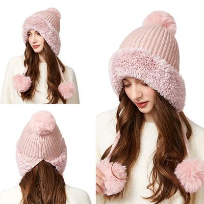 Outdoor Samt Warme Wollmütze Damen Winter Plüschrand Ohrenschutz Wollbommel Strickmütze