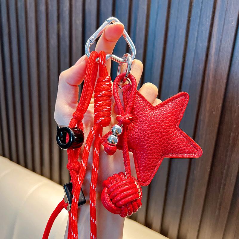 PU Leather Star Keychain & Bag Charm with Woven Rope