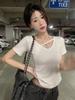 V-neck White Short-sleeved T-shirt for Women's Summer New Sweet and Spicy Irregular Short Slim Student Top Trendy