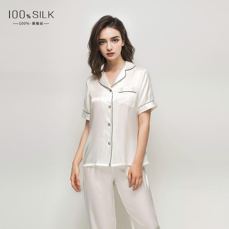Womens 100% Pure Silk Pajama Set Short Sleeve Long Pants Lightweight Sleepwear Comfortable Home Loungewear