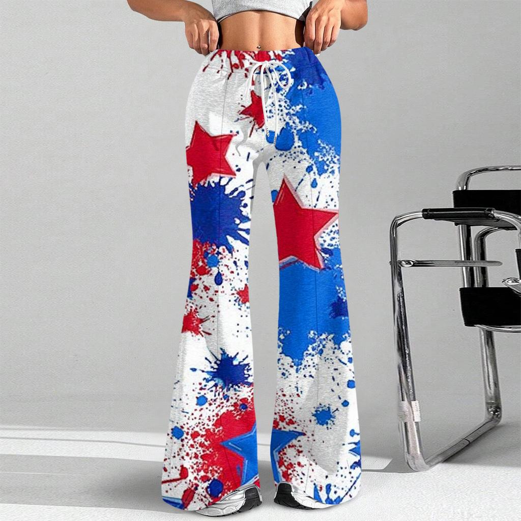 Women's Fashion Loose Drawstring Tight Waist Independence Day Printed Casual Sports Pants Casual Flared Pants