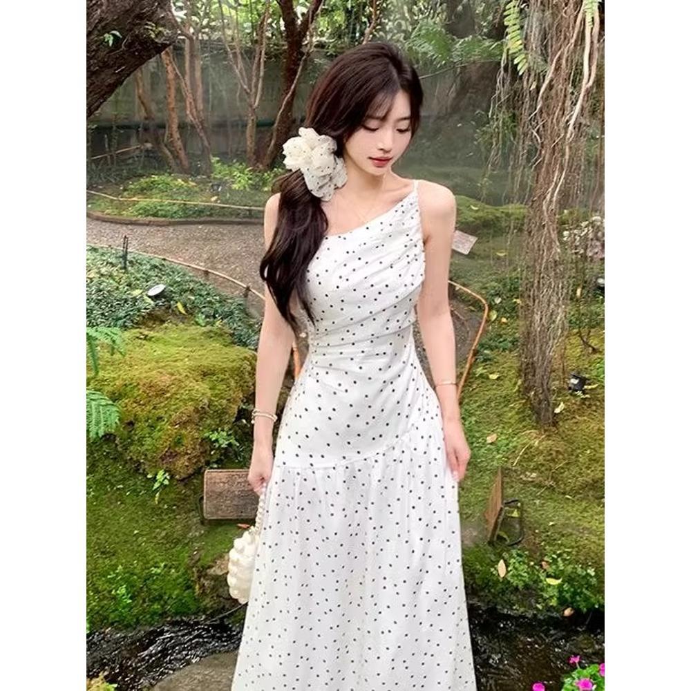 Gentle wind sweet irregular dress women's summer design pleated waist a word suspender dress