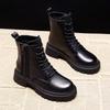 British medium boots Martin boots 2021 black handsome short boots PU front lace-up round head low heel thick sole single boots