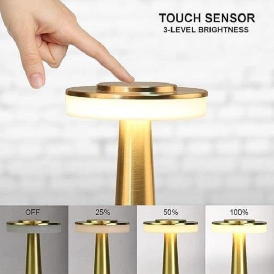 Metal LED Table Lamp, Retro Gold Touch Sensor Lamp, 2000 mAh Rechargeable Battery, 3-Level Dimmable Warm Light, Night Light for Kids