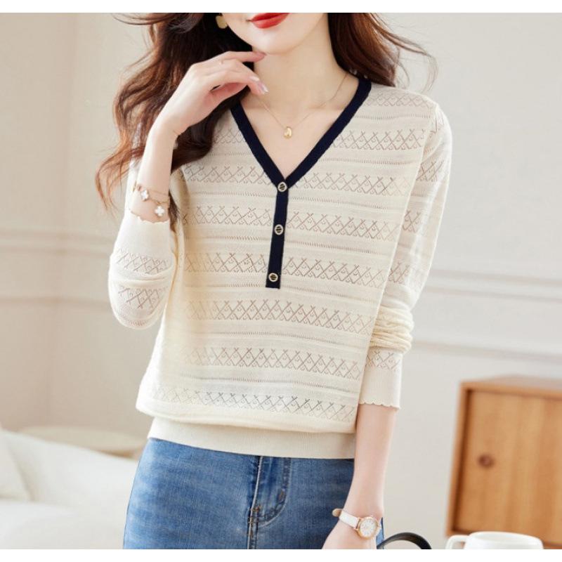 DAFIFY Women's Fashion Casual Fall Winter Solid Color Print Long Sleeve V-Neck Sweaters