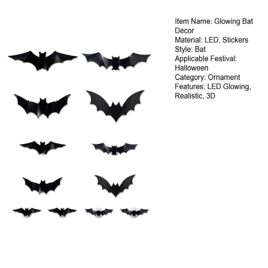 12 tk Halloweeni 3D lambi nahkhiirte kaunistus LED helendav must realistlik hirmutav DIY nahkhiire kleebis seinakleebis