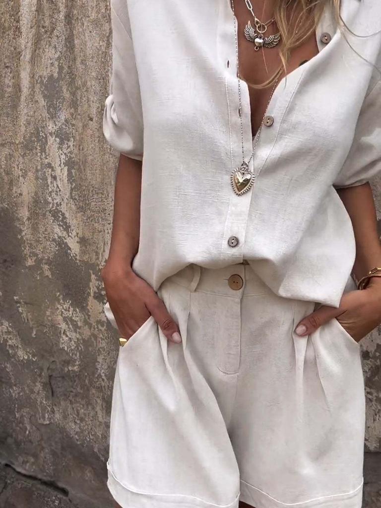 Summer New Cotton Linen Short Sleeve Shorts Set for Women