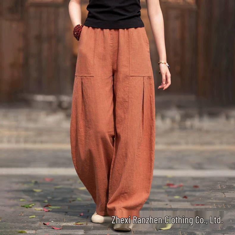 2026 Spring/Summer Women's Cotton Linen Lantern Pants - Artistic Retro Casual Long Pants with Sand Washed Ramie