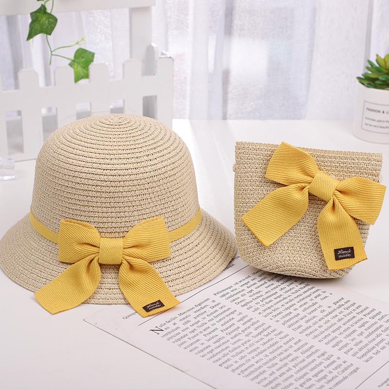 Children's Sun Hat Girls Sun Hat Summer Straw Hat Small Bag Set Princess Beach Summer Sun Protection Bucket Hat