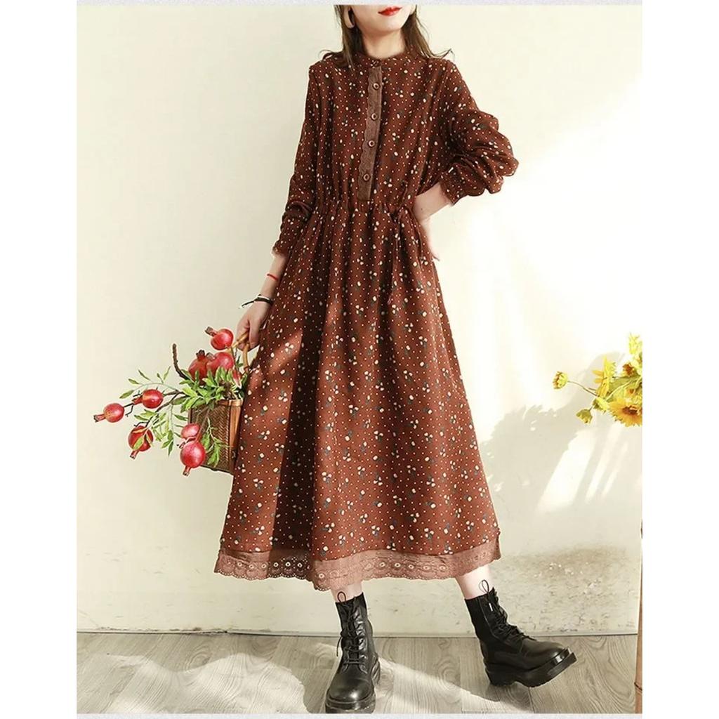 LYRIA Abito Lungo Floreale Primavera Autunno con Bordi in Pizzo Vestibilità Larga Stile Foresta Vintage Abito Casual da Donna Manica Lunga Girocollo