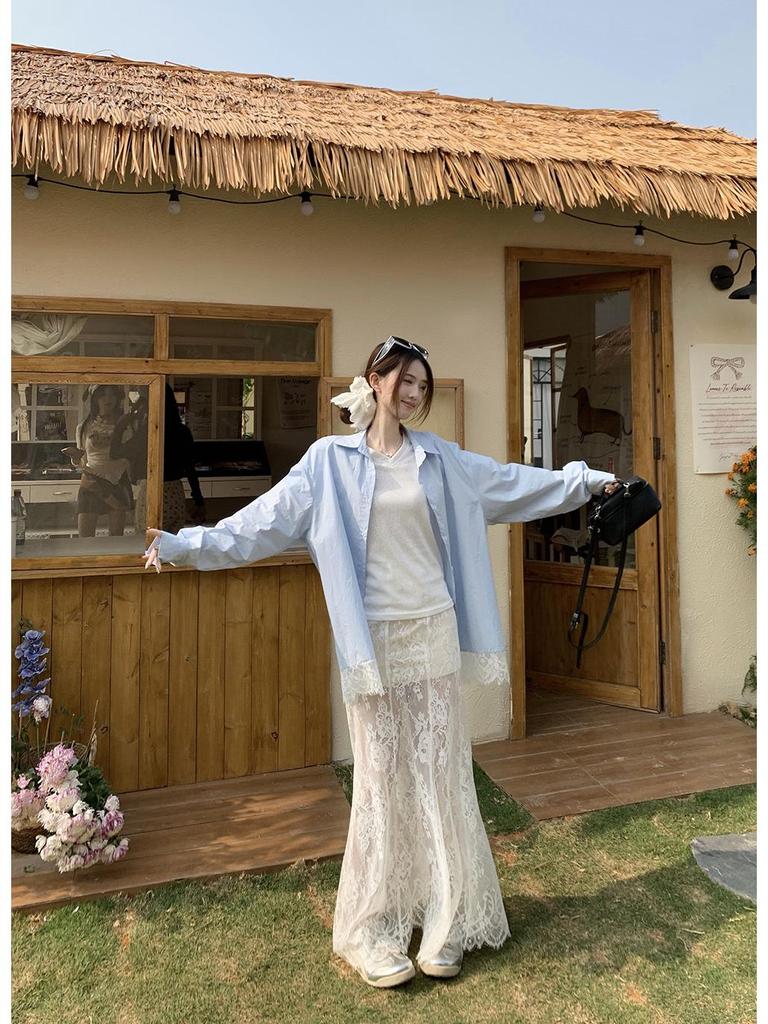 Women's Blue Spliced Lace Shirt Jacket - 2025 Korean Design, Loose Fit, Sun Protection for Summer
