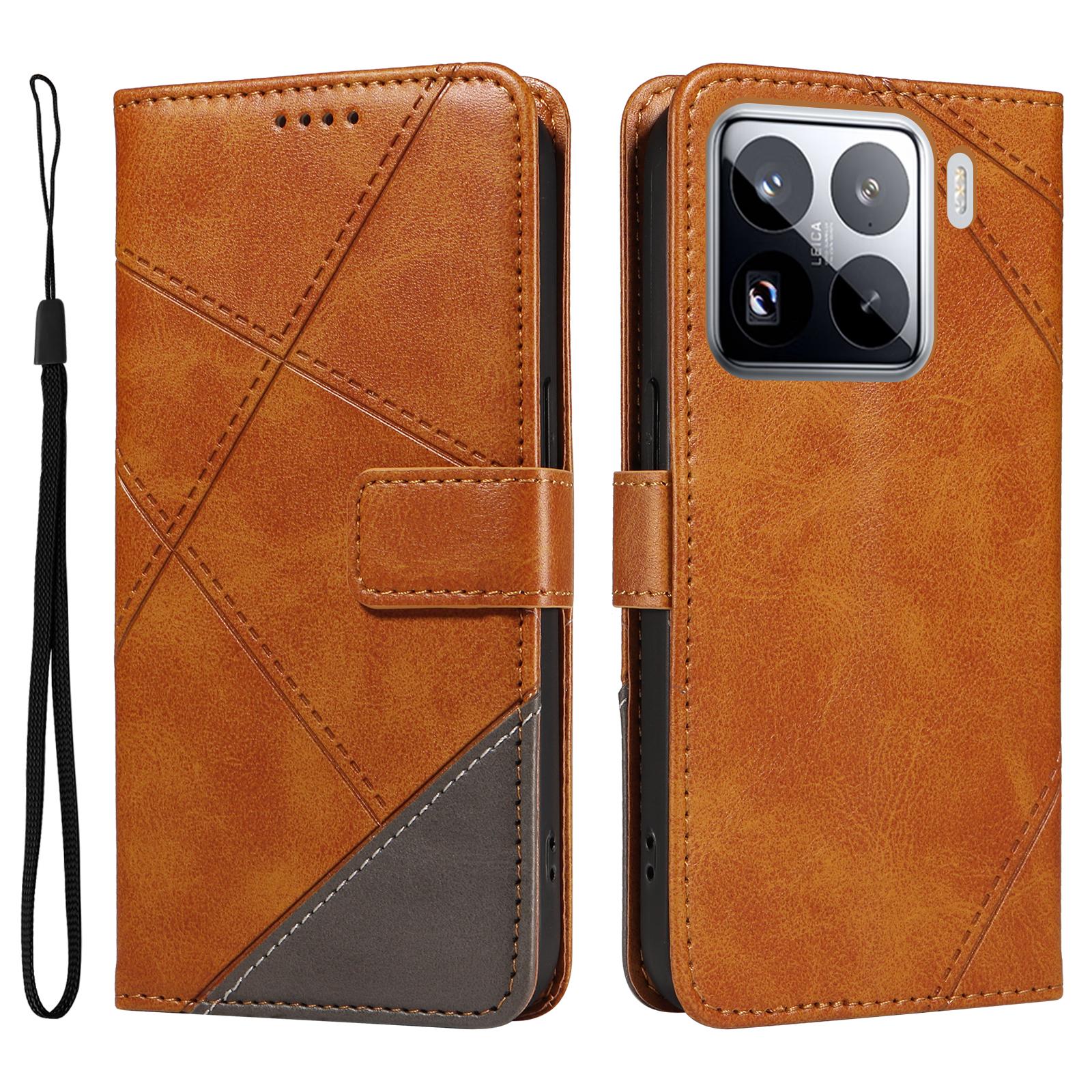 

For Xiaomi 15 Pro Case Leather Geometric Line Wallet Phone Cover with Wrist Strap Brown