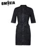 GMXIA Damenmode Kurzarm Reißverschluss Denimkleid Sommer Frühling