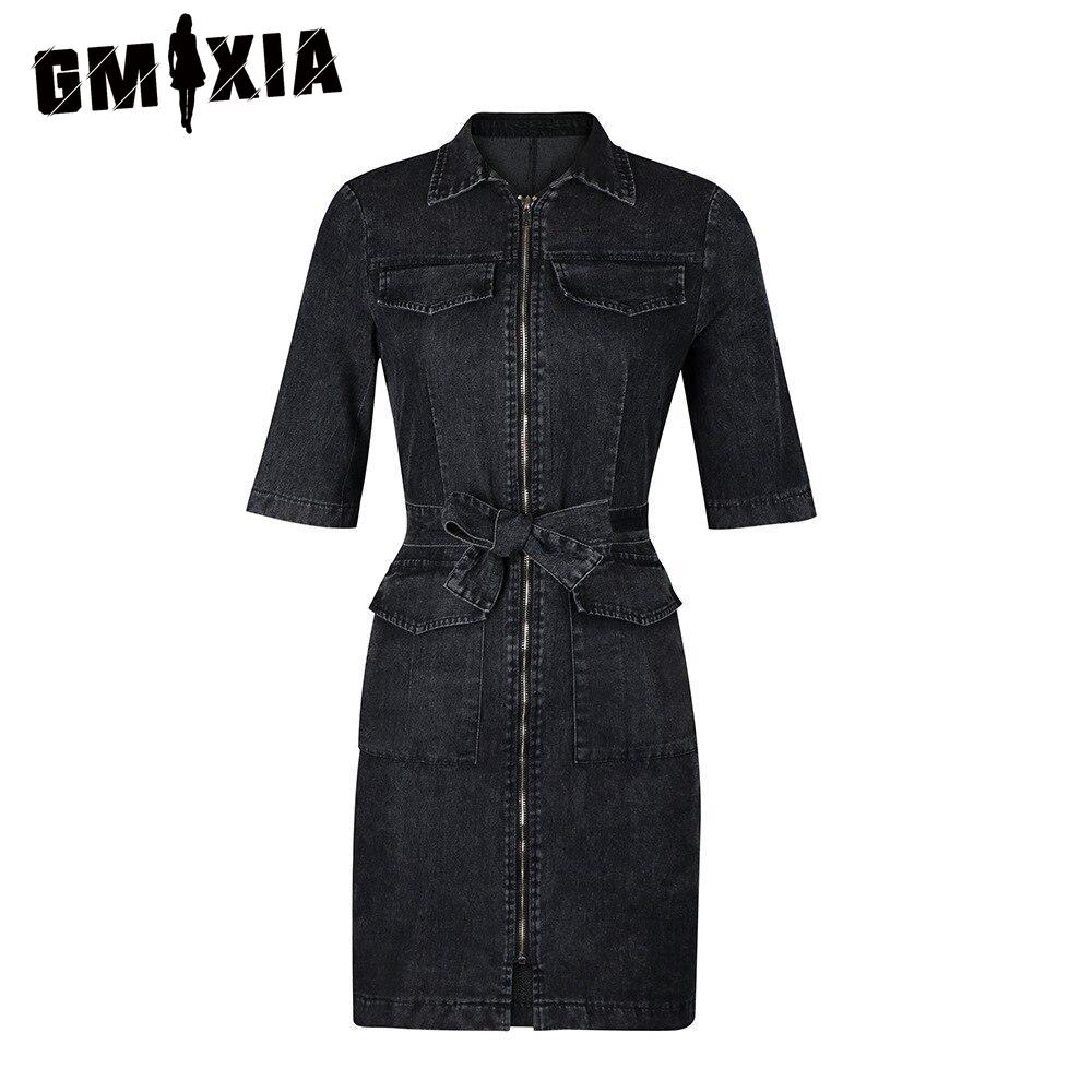 GMXIA Women's Fashion Short Sleeve Zip Up Denim Dress Summer Spring