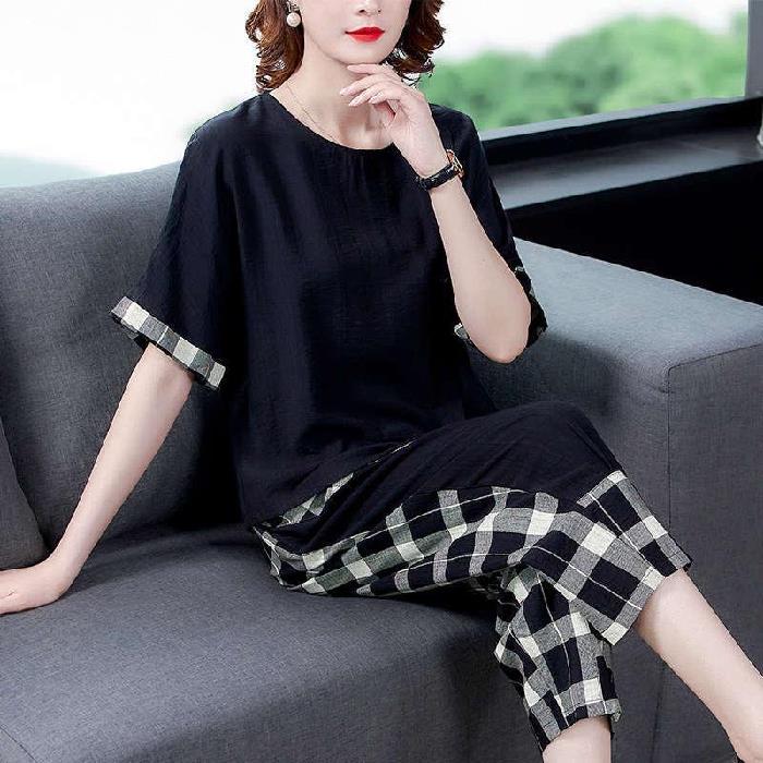 Loose Plus-size Plus-size Mom Summer Set, Women's 1116 New Slimming Fashionable Trendy Plaid Two-piece Set