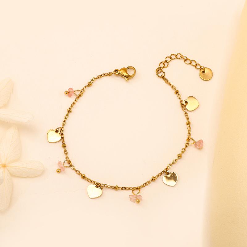 18K Gold Peach Heart Bracelet with Colorful Natural Stones - Minimalist Stainless Steel Women's Jewelry