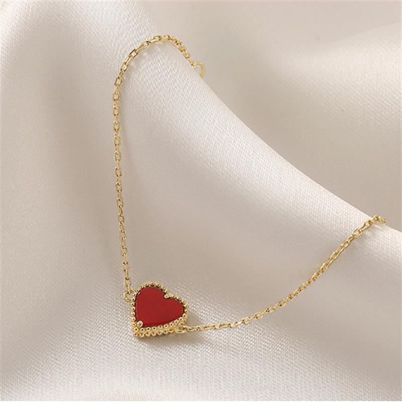 925 Silver Heart-shaped Agate Bracelet Women's Summer New Simple Small Red Heart Jewelry Student Gift Party Jewelry