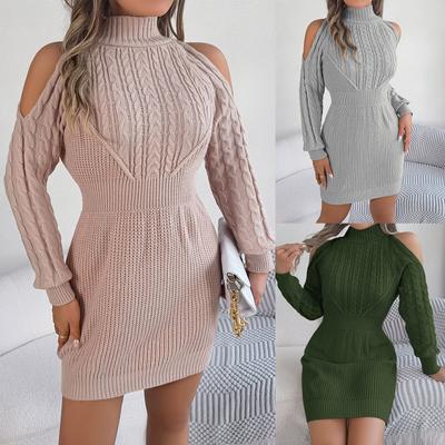 Women's High Neck Mini Sweater Dress Long Sleeve Pullover Bodycon Ribbed Knit Short Dress