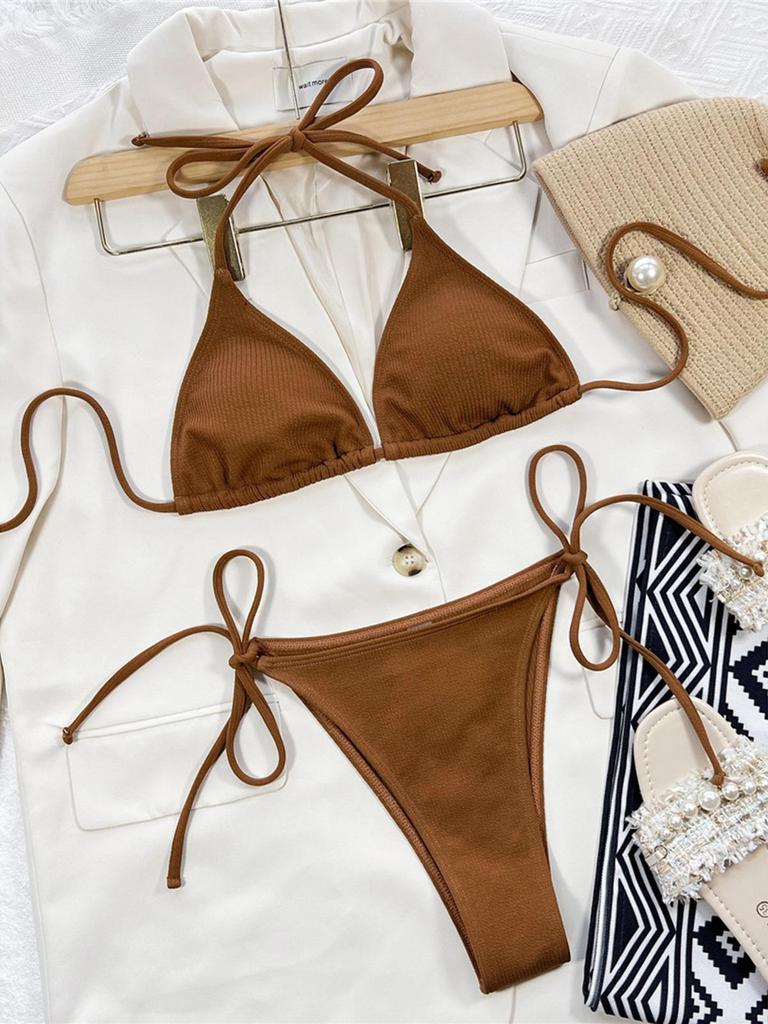 5 Renkler Halter Strappy Nervürlü Bikini Kadın Mayo Kadın Mayo İki parçalı Bikini seti Yüzücü Mayo Yüzmek Bayan