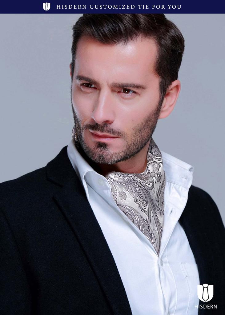 [HISDERN] Ascot Tie Men's Silk Silver Light Gray Neck Scarf Wedding Formal Scarf Stylish Paisley Pattern Men's Gentleman RC-04S