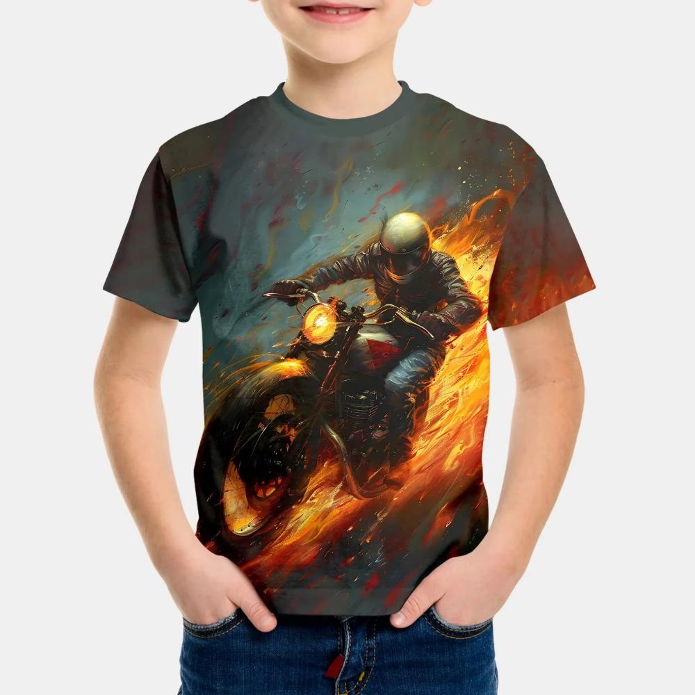 T-shirt da Ragazzo Motociclista T-shirt Stampata 3D per Bambino 2-10 Anni Manica Corta Maglietta Top Bambino Estate Trendy Street Top per Bambini