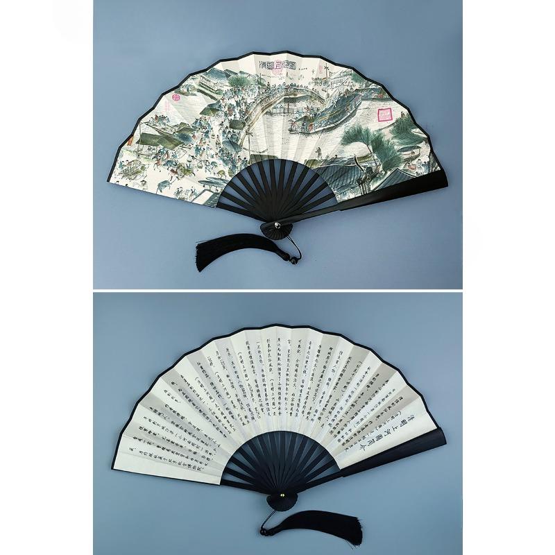 1PC 8 Inch Fan Folding Fan Chinese Wind Landscape Painting Ink Painting Wind Men and Women Portable Daily Fan Head Green Bamboo Silk Fan Dancing Fan