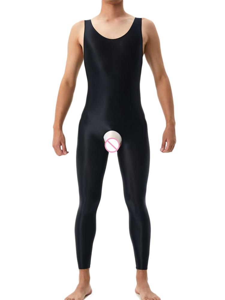 Sexy Crotchless Satin Oil Glossy Shiny Bodysuit Sheer See Through Yoga Tights Elastic Shaping Leotard Jumpsuit Candy Color