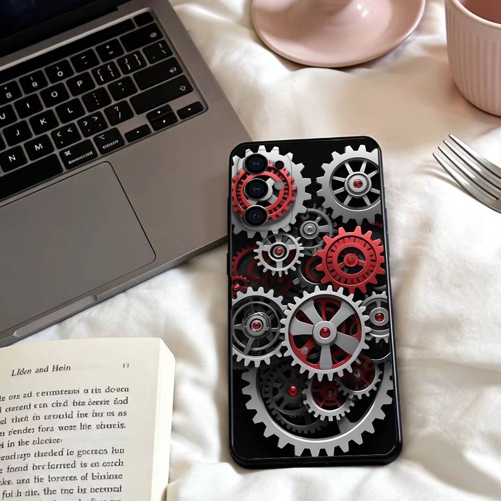 Chromatic Gear Pattern Phone Case For Samsung S25,24,23,22,30,21,10,9,Ultra,Plus,Lite,FE,4,5 G Soft Black Case