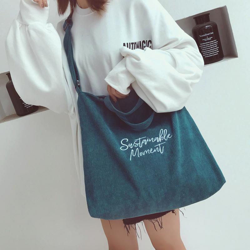 Newest Corduroy Large-Capacity Crossbody Bags For Women Literary Embroidery Tote Shoulder Bags Letter Zipper Retro Handbags 39x4x37cm