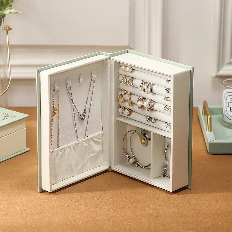 Vintage Flip Cover Book Shaped Jewelry Box for Earrings Ring Storage Holder Leather Travel Home Portable Jewelry Organizer Decor