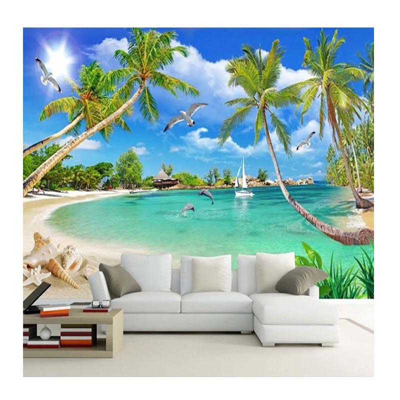 Modern Simple 3D Wallpaper  Coconut Tree Sea Landscape Murals Living Room TV Sofa Dining Room Wall Murals