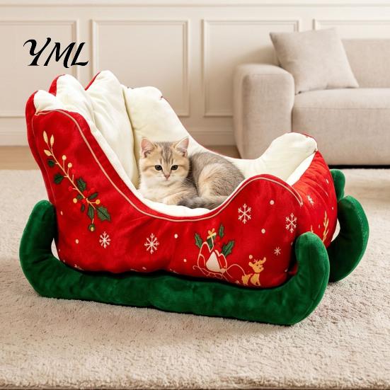 Portable Pet Sleigh Bed Christmas Shaped Bed, Cozy Holiday Cat Dog Sofa Anti?Slip Base Stable Lounge Soft Cushion, Washable Sleeping for Small