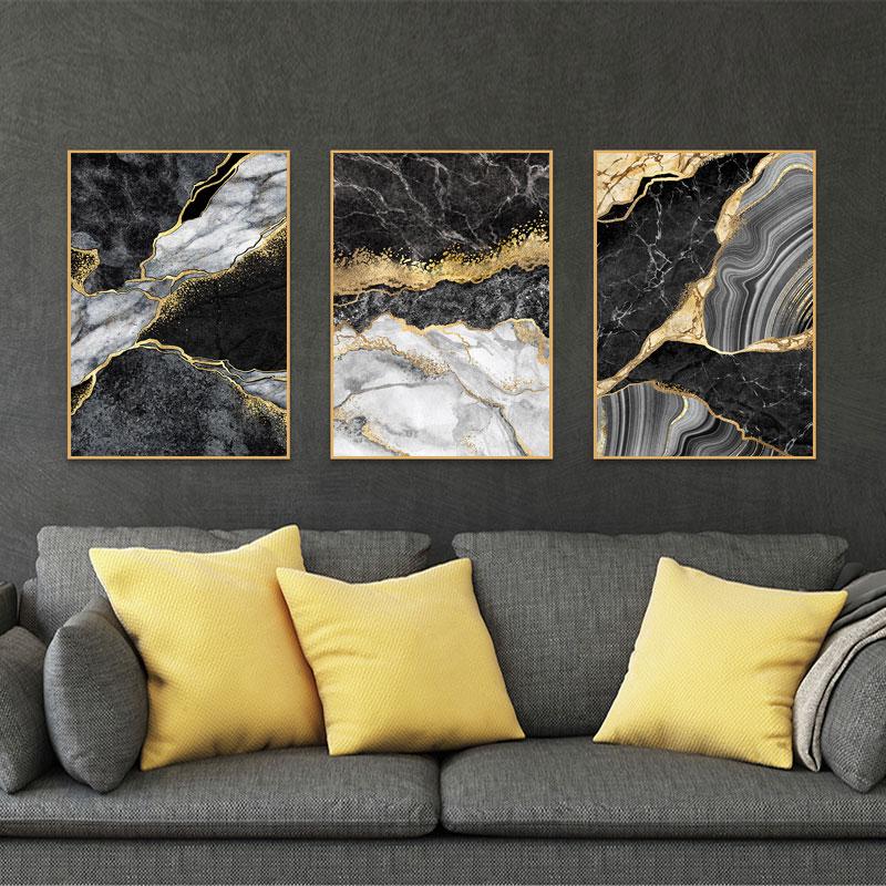 Abstract Wall Art Black White Canvas Painting  Marble Mosaic with Golden Veins Posters Prints Wall Picture for Living Room Decor