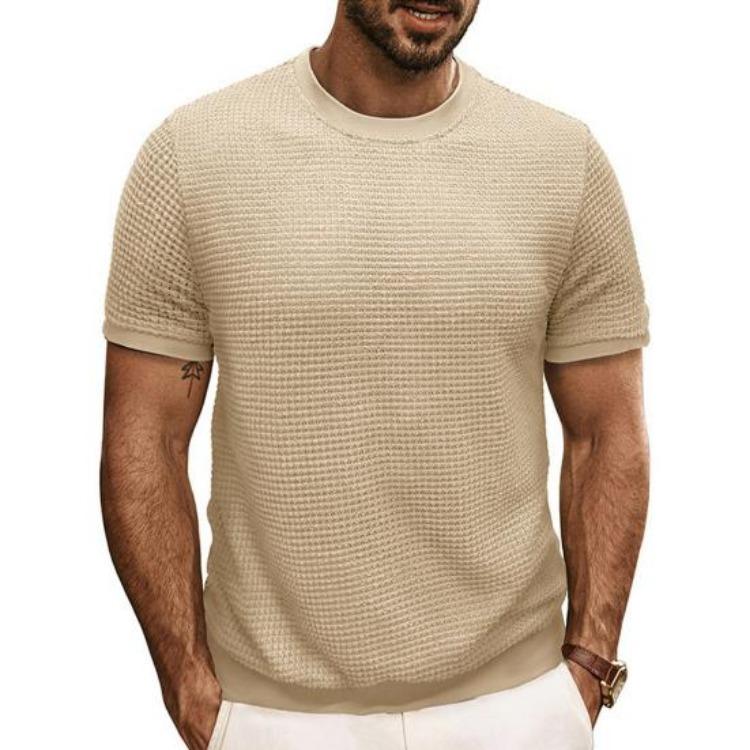 Summer Slim Fit Ribbed Elastic T-shirt Men Casual Knitted Round Neck Short Sleeves Pullover Solid Color Daily Tops Clothes