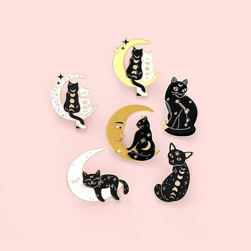 Captivating Moon Cat Design Pin Unique Alloy Brooch With Enamel Finish For Style Creative