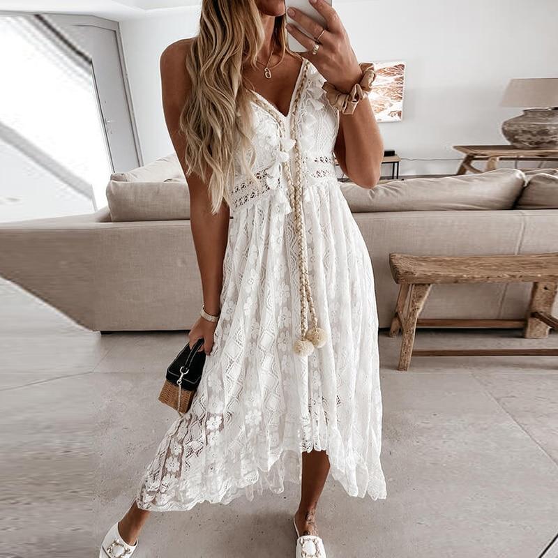 V-Ausschnitt Lace Up Cover Up für Frau Sexy Spitze Lose Einfarbig Strandkleid