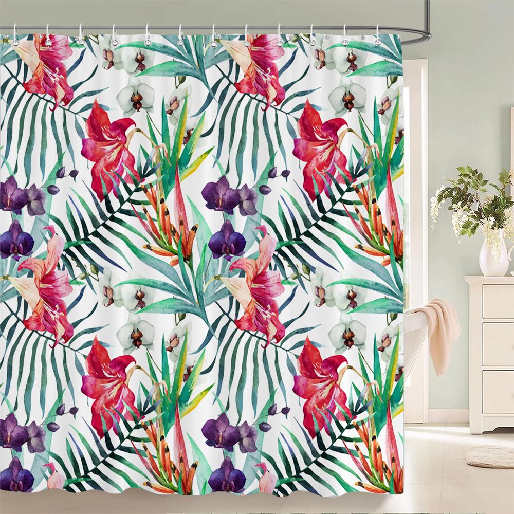 1 Pack of Watercolor Flower Plant Pattern Polyester Shower Curtain Bathroom Partition Curtain with Hooks Home Decorative Curtain